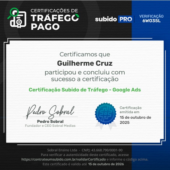 Certificação Subido de Tráfego – Google Ads de Guilherme Cruz