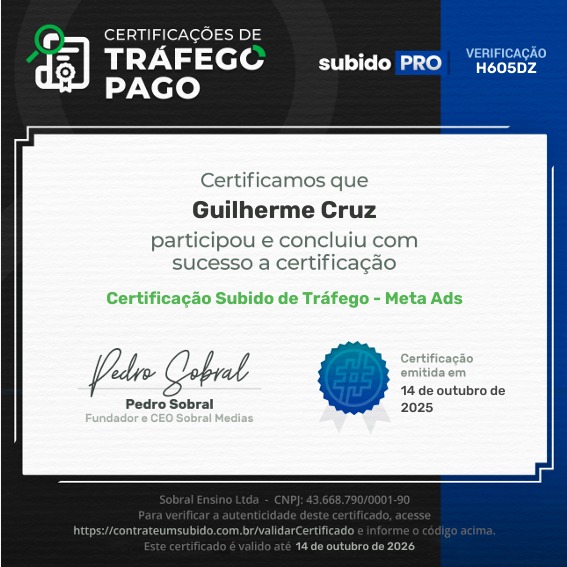 Certificação Subido de Tráfego – Meta Ads de Guilherme Cruz